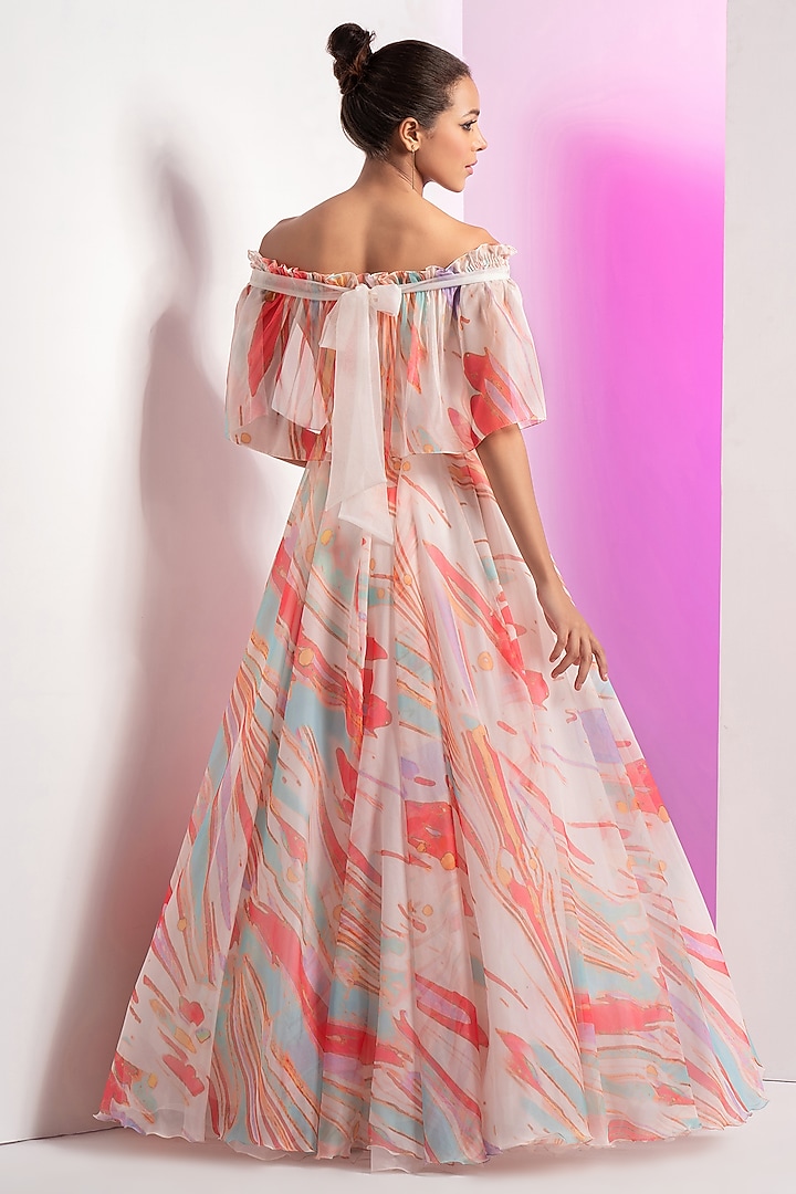 Ivory Organza Printed Off-Shoulder Cape Engagement Gown by Mandira Wirk - Resort at Pernia's Pop Up Shop