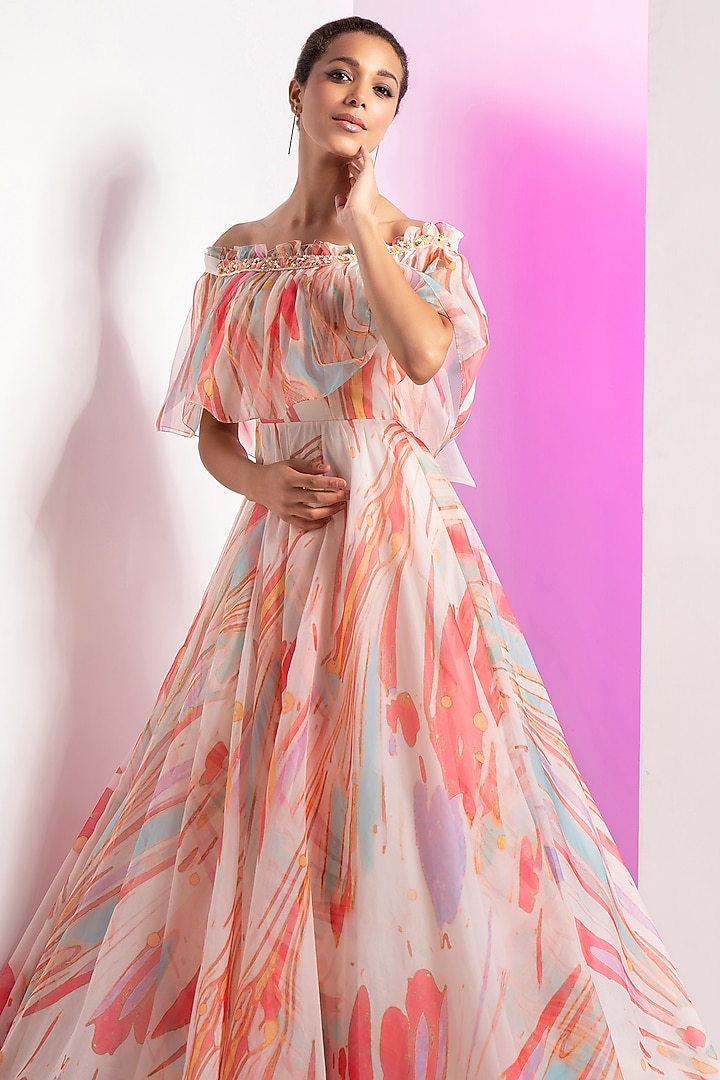 Ivory Organza Printed Off-Shoulder Cape Engagement Gown by Mandira Wirk - Resort at Pernia's Pop Up Shop