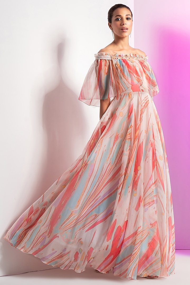 Ivory Organza Printed Off-Shoulder Cape Engagement Gown by Mandira Wirk - Resort at Pernia's Pop Up Shop