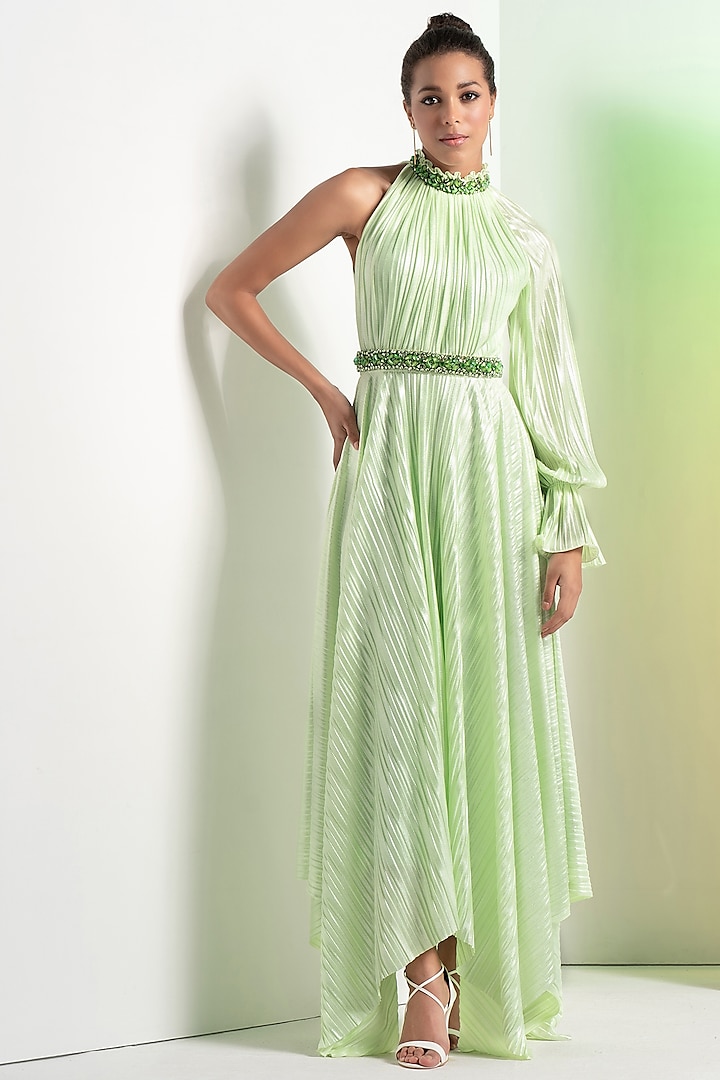 Mint Green Shimmer Lycra Pleated Asymmetric Dress With Belt by Mandira Wirk