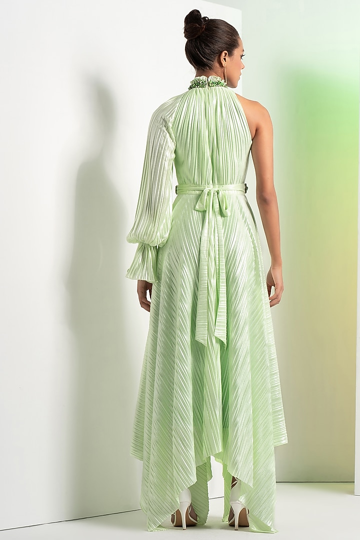 Mint Green Shimmer Lycra Pleated Asymmetric Cocktail Dress With Belt by Mandira Wirk - Resort at Pernia's Pop Up Shop