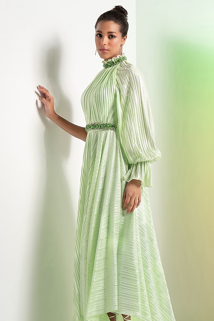 Mint Green Shimmer Lycra Pleated Asymmetric Cocktail Dress With Belt by Mandira Wirk - Resort at Pernia's Pop Up Shop