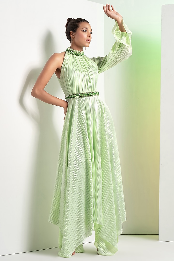 Mint Green Shimmer Lycra Pleated Asymmetric Cocktail Dress With Belt by Mandira Wirk - Resort at Pernia's Pop Up Shop