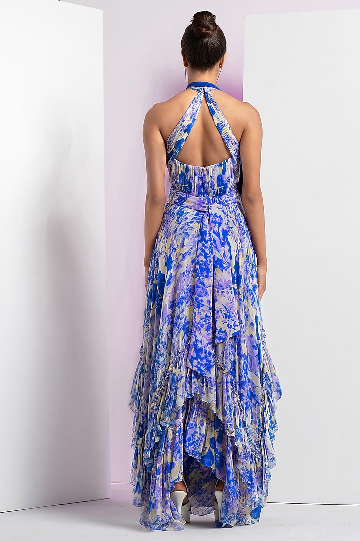 Blue Chiffon Printed Asymmetrical Frilled Cocktail Dress by Mandira Wirk - Resort at Pernia's Pop Up Shop