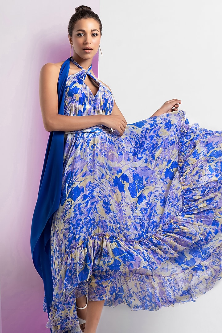 Blue Chiffon Printed Asymmetrical Frilled Cocktail Dress by Mandira Wirk - Resort at Pernia's Pop Up Shop