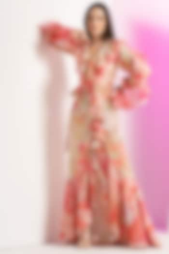 Coral Brasso & Organza Asymmetrical Frilled Vacation Dress by Mandira Wirk - Resort at Pernia's Pop Up Shop