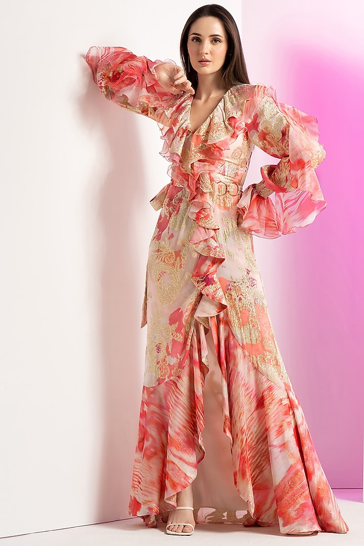 Coral Brasso & Organza Asymmetrical Frilled Vacation Dress by Mandira Wirk - Resort at Pernia's Pop Up Shop