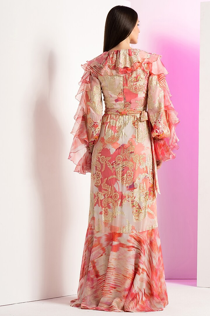 Coral Brasso & Organza Asymmetrical Frilled Vacation Dress by Mandira Wirk - Resort at Pernia's Pop Up Shop