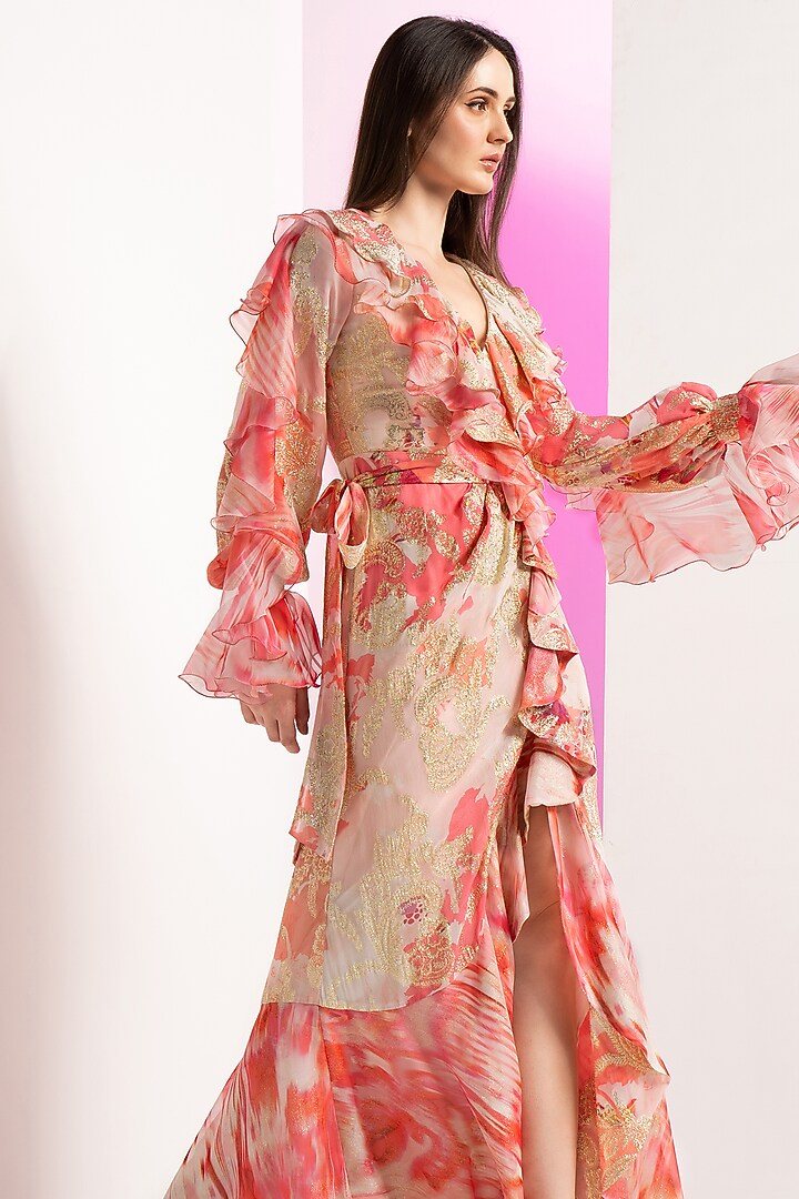Coral Brasso & Organza Asymmetrical Frilled Vacation Dress by Mandira Wirk - Resort at Pernia's Pop Up Shop