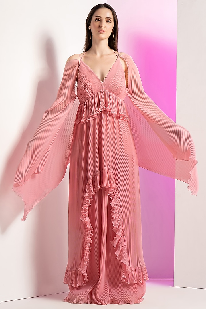 Peach Georgette Pleated Dress by Mandira Wirk at Pernia's Pop Up Shop