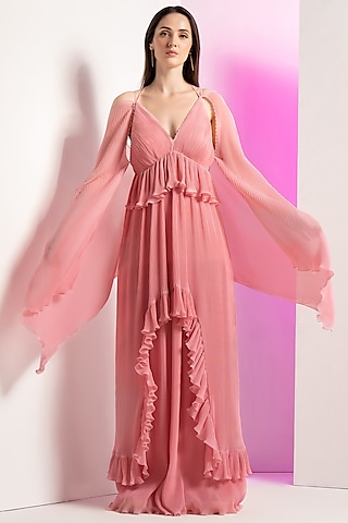 Peach Georgette Pleated Dress by Mandira Wirk - Resort