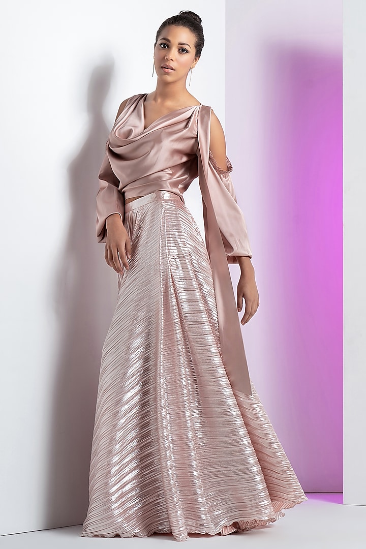 Rose Gold Satin & Metallic Lycra Pleated Skirt Set by Mandira Wirk at Pernia's Pop Up Shop