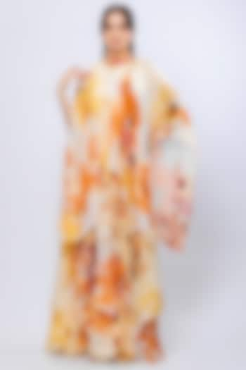 Ochre Chiffon Printed Asymmetrical Layered Dress by Mandira Wirk at Pernia's Pop Up Shop