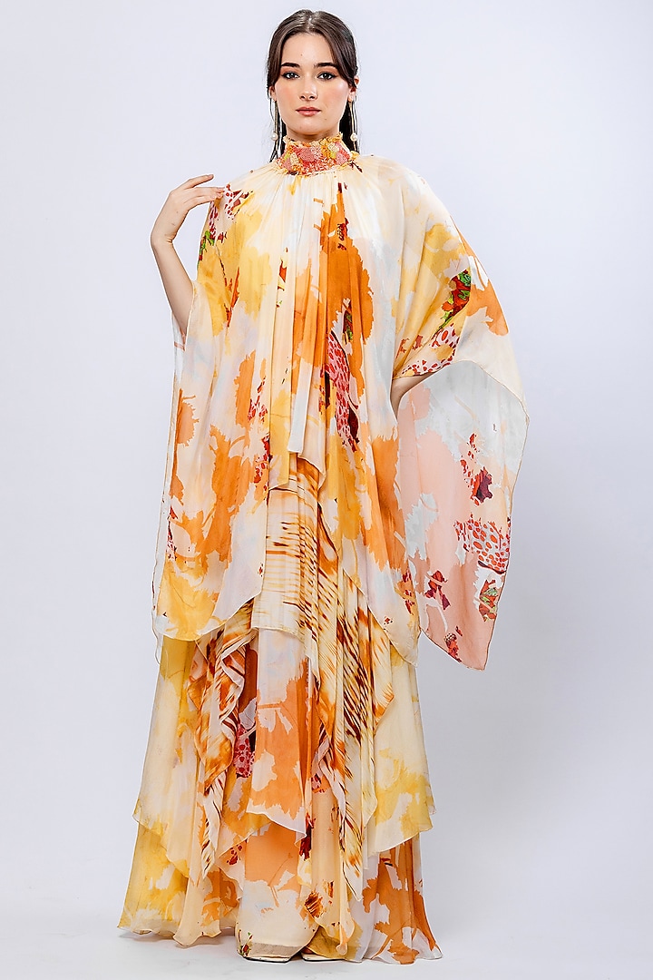 Ochre Chiffon Printed Asymmetrical Layered Dress by Mandira Wirk at Pernia's Pop Up Shop