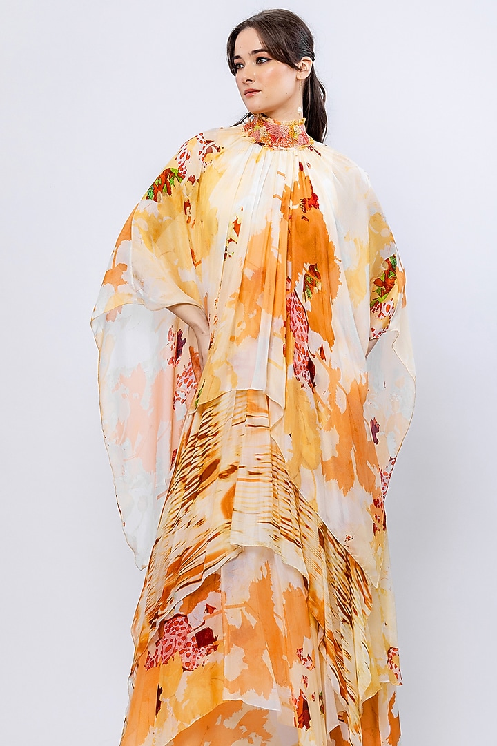 Ochre Chiffon Printed Asymmetrical Layered Vacation Dress by Mandira Wirk - Resort at Pernia's Pop Up Shop