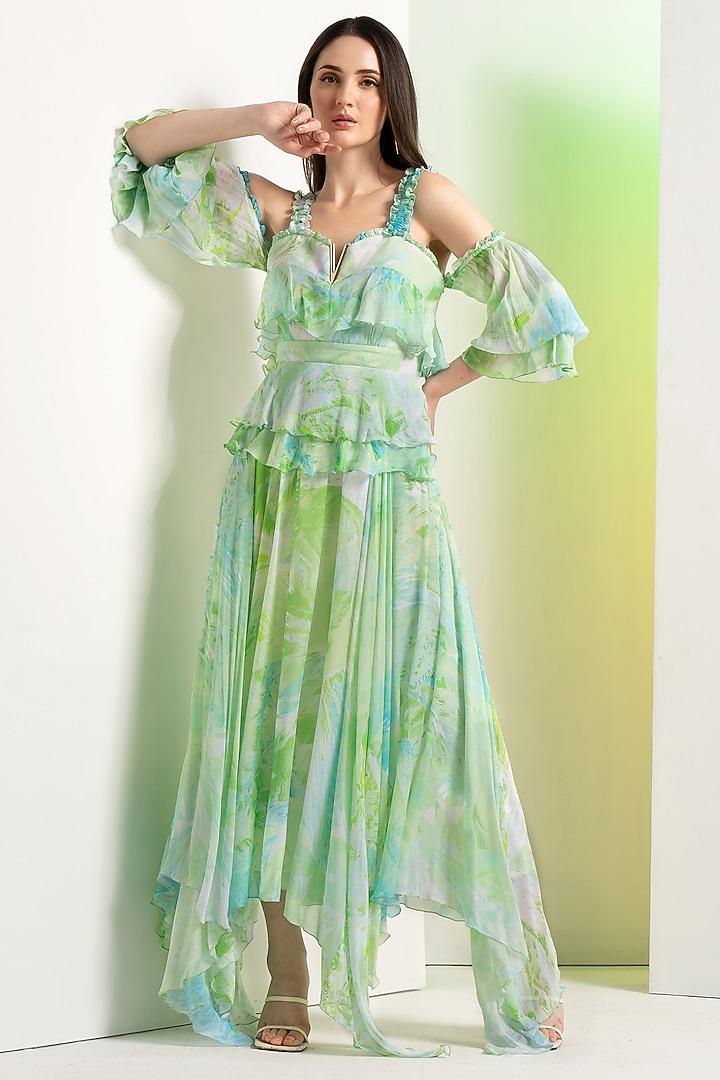 Green Chiffon Drop-Shoulder Vacation Dress by Mandira Wirk - Resort at Pernia's Pop Up Shop