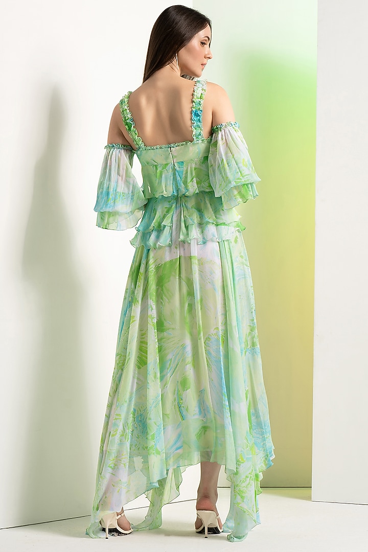 Green Chiffon Drop-Shoulder Vacation Dress by Mandira Wirk - Resort at Pernia's Pop Up Shop