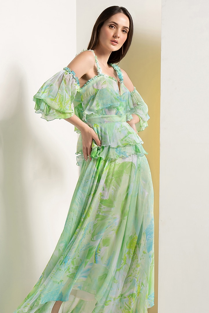 Green Chiffon Drop-Shoulder Vacation Dress by Mandira Wirk - Resort at Pernia's Pop Up Shop