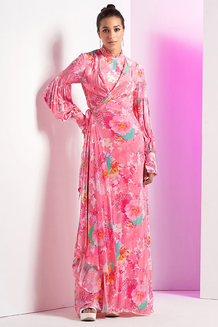 Blush Pink Crepe Printed Asymmetrical Cowl Dress by Mandira Wirk at Pernia's Pop Up Shop