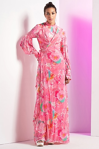 Blush Pink Crepe Printed Asymmetrical Cowl Dress by Mandira Wirk - Resort