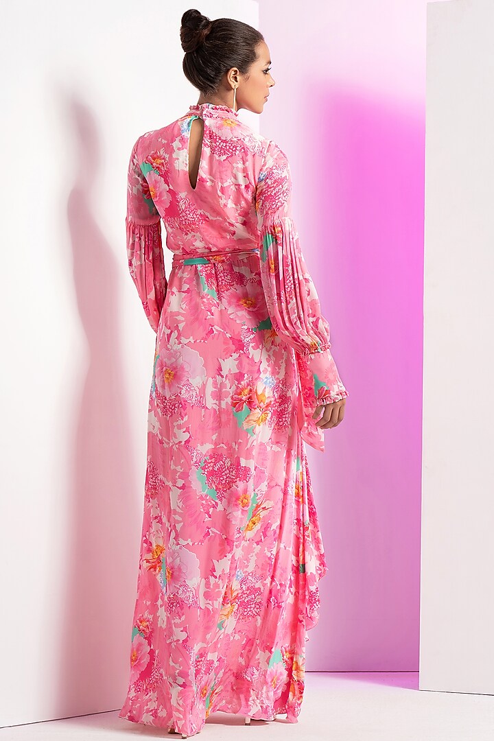 Blush Pink Crepe Printed Asymmetrical Cowl Vacation Dress by Mandira Wirk - Resort at Pernia's Pop Up Shop