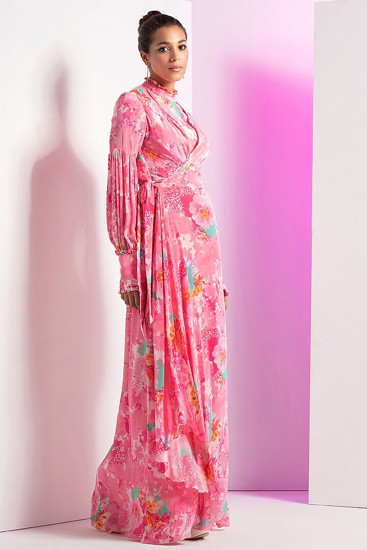 Blush Pink Crepe Printed Asymmetrical Cowl Vacation Dress by Mandira Wirk - Resort at Pernia's Pop Up Shop