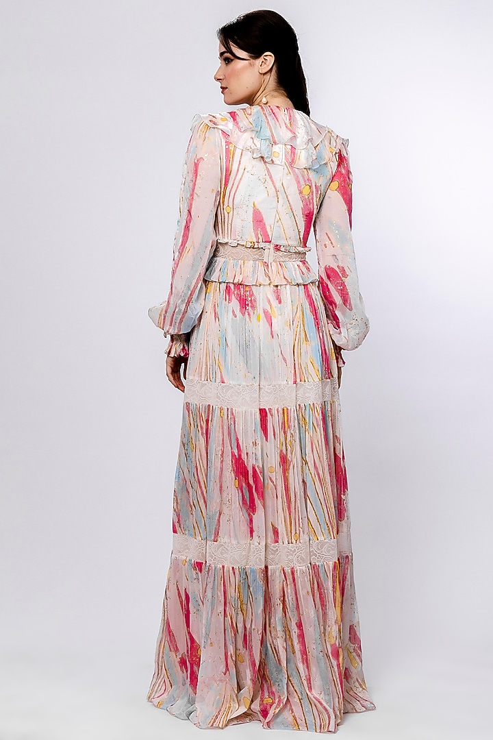 Ivory Chiffon Printed Tiered Vacation Dress by Mandira Wirk - Resort at Pernia's Pop Up Shop