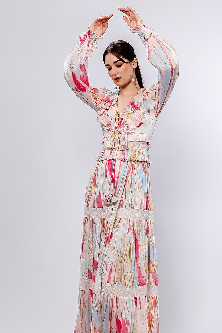 Ivory Chiffon Printed Tiered Vacation Dress by Mandira Wirk - Resort at Pernia's Pop Up Shop