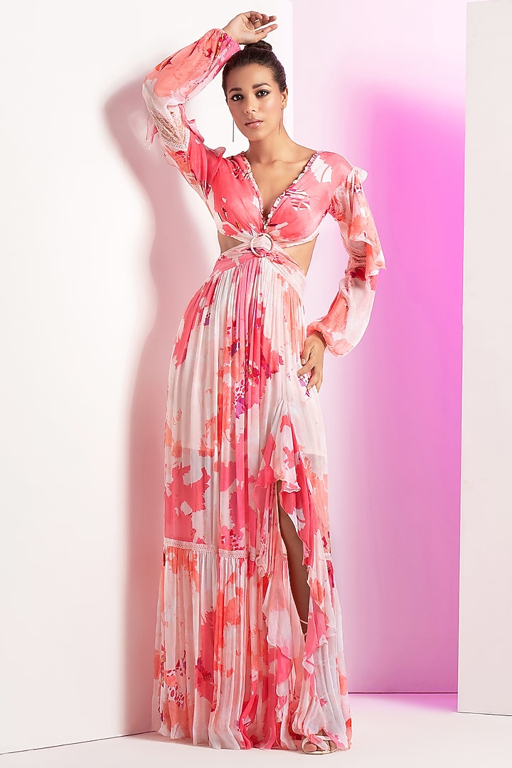 Pink Chiffon Printed Cut-Out Tiered Vacation Dress by Mandira Wirk - Resort at Pernia's Pop Up Shop