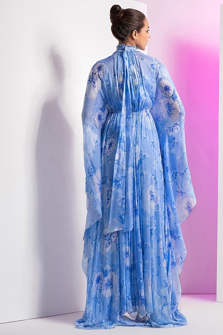 Blue Chiffon Asymmetrical Pleated Kaftan by Mandira Wirk - Resort at Pernia's Pop Up Shop