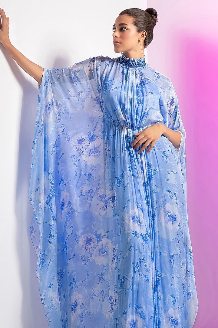 Blue Chiffon Asymmetrical Pleated Kaftan by Mandira Wirk - Resort at Pernia's Pop Up Shop