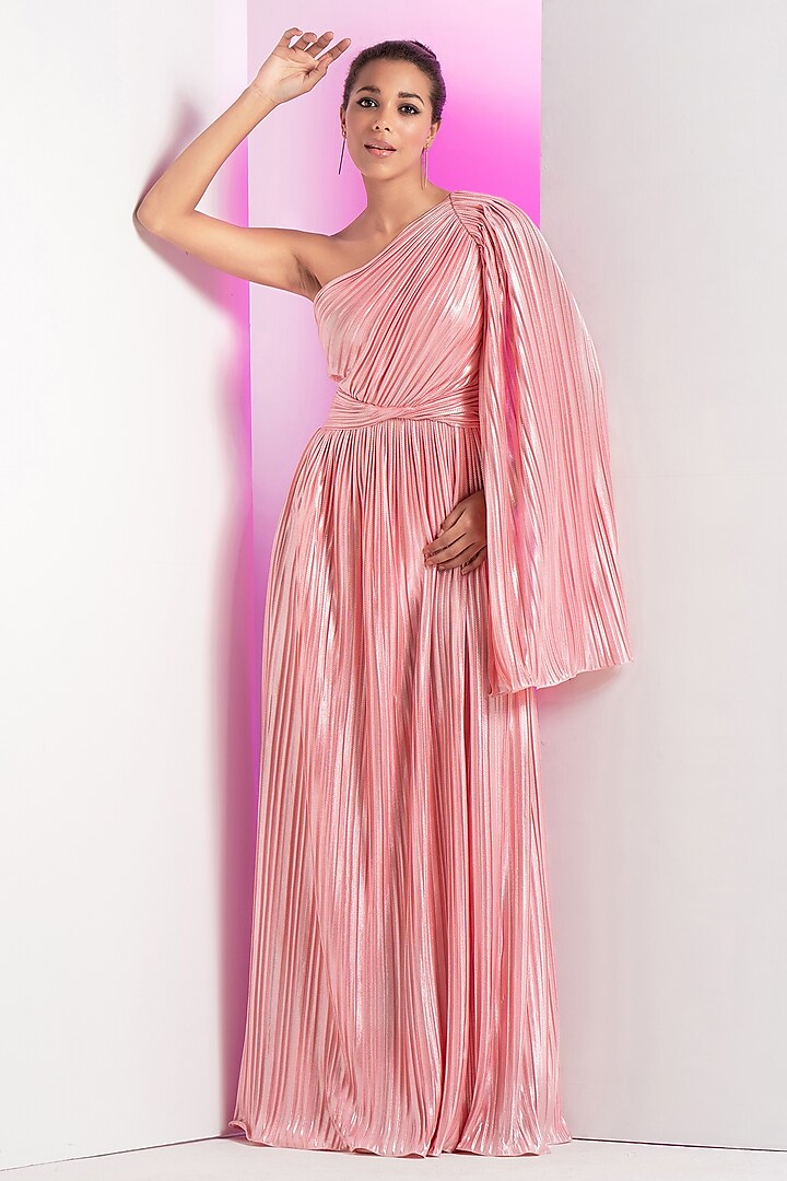 Pink Shimmer Lycra One-Shoulder Pleated Dress by Mandira Wirk