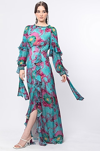 Jade Green Chiffon Printed Dress by Mandira Wirk - Resort
