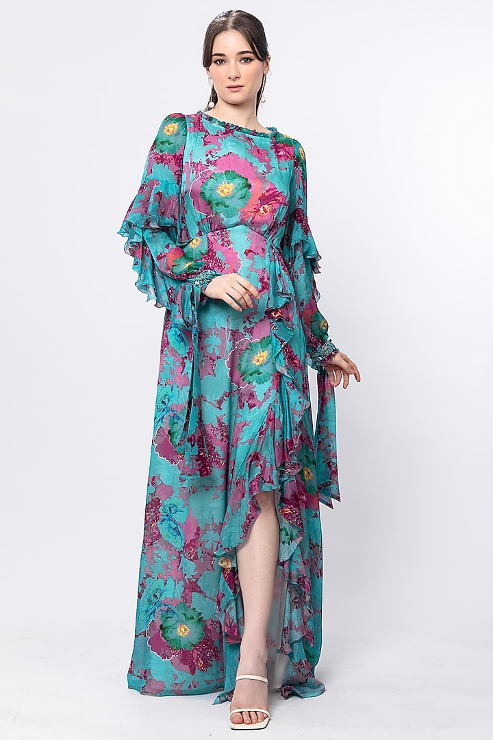 Jade Green Chiffon Printed Vacation Dress by Mandira Wirk - Resort at Pernia's Pop Up Shop