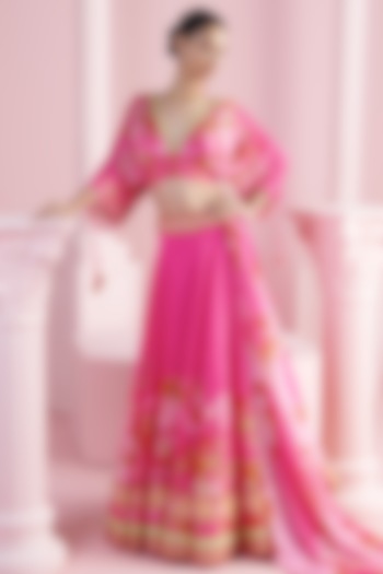 Pink Chiffon Floral Motif Work & Printed Wedding Lehenga Set by Mandira Wirk at Pernia's Pop Up Shop