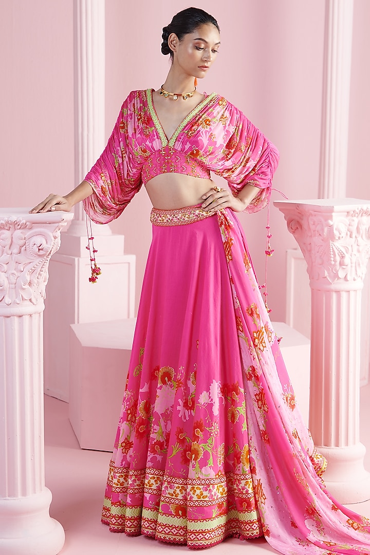 Pink Chiffon Floral Motif Work & Printed Wedding Lehenga Set by Mandira Wirk at Pernia's Pop Up Shop