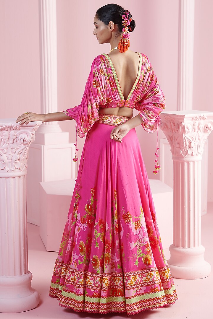 Pink Chiffon Floral Motif Work & Printed Wedding Lehenga Set by Mandira Wirk - Indian at Pernia's Pop Up Shop