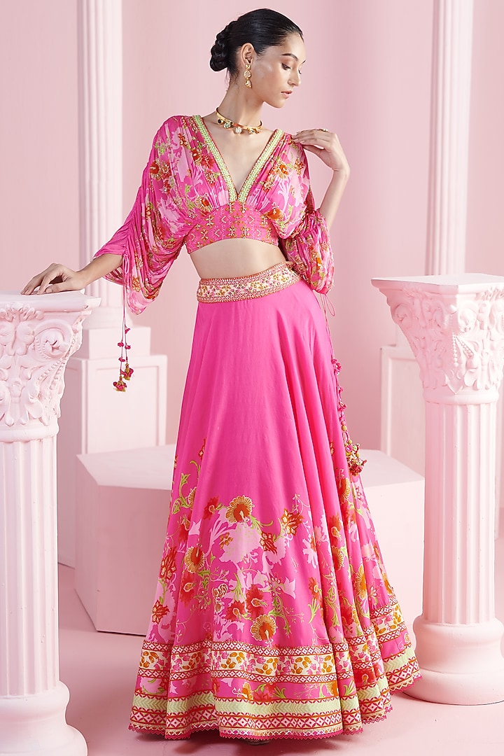 Pink Chiffon Floral Motif Work & Printed Wedding Lehenga Set by Mandira Wirk - Indian at Pernia's Pop Up Shop