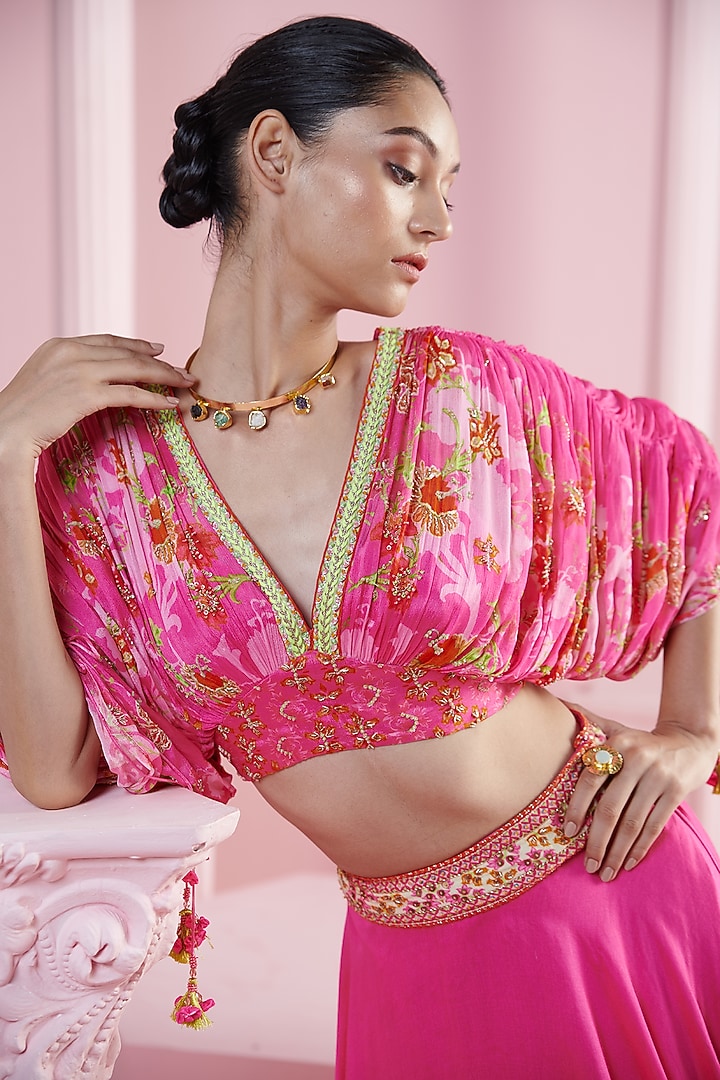 Pink Chiffon Floral Motif Work & Printed Wedding Lehenga Set by Mandira Wirk - Indian at Pernia's Pop Up Shop