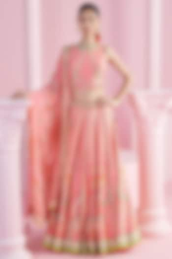 Pink Chiffon & Chanderi Floral Printed Wedding Lehenga Set by Mandira Wirk at Pernia's Pop Up Shop