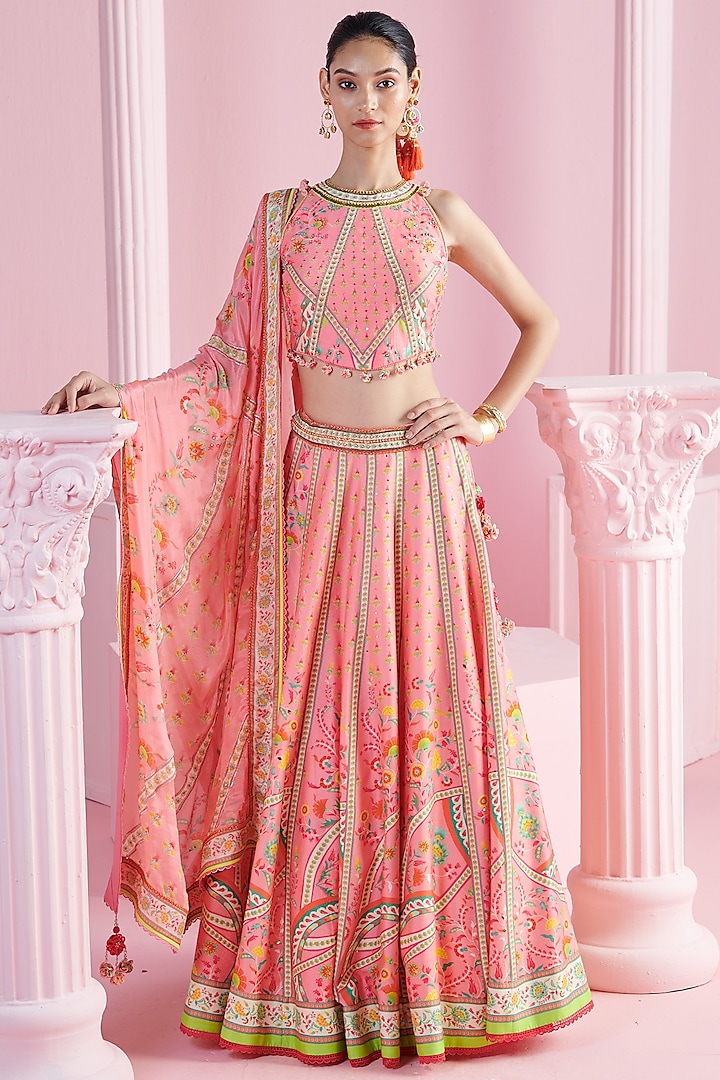 Pink Chiffon & Chanderi Floral Printed Wedding Lehenga Set by Mandira Wirk at Pernia's Pop Up Shop