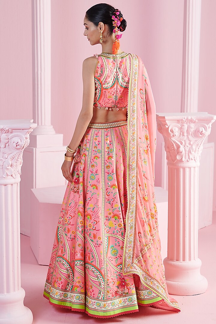 Pink Chiffon & Chanderi Floral Printed Wedding Lehenga Set by Mandira Wirk - Indian at Pernia's Pop Up Shop