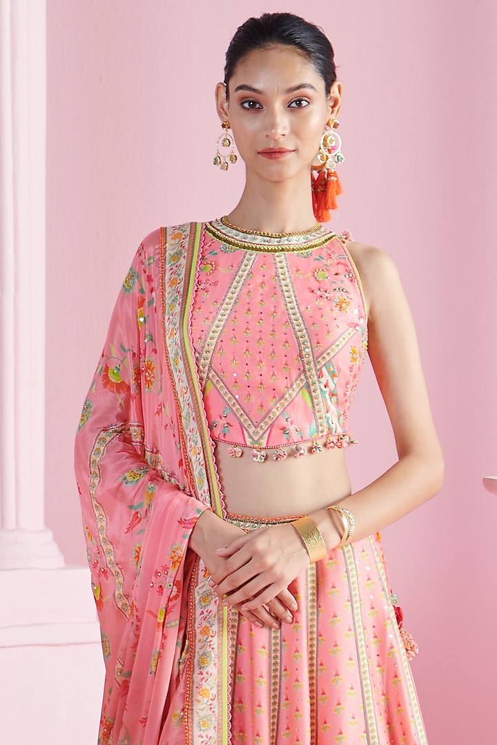 Pink Chiffon & Chanderi Floral Printed Wedding Lehenga Set by Mandira Wirk - Indian at Pernia's Pop Up Shop