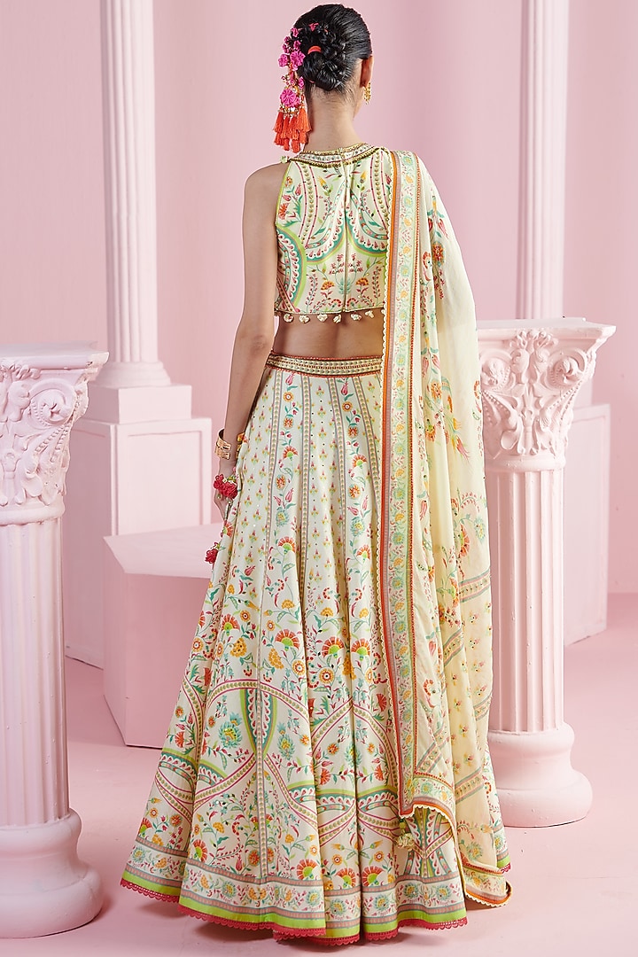 Lemon Yellow Chanderi Printed Wedding Lehenga Set by Mandira Wirk - Indian at Pernia's Pop Up Shop