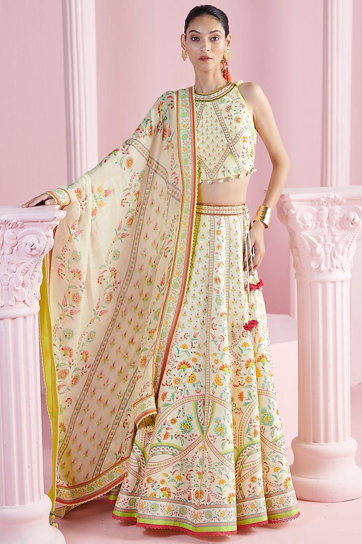 Lemon Yellow Chanderi Printed Wedding Lehenga Set by Mandira Wirk - Indian at Pernia's Pop Up Shop