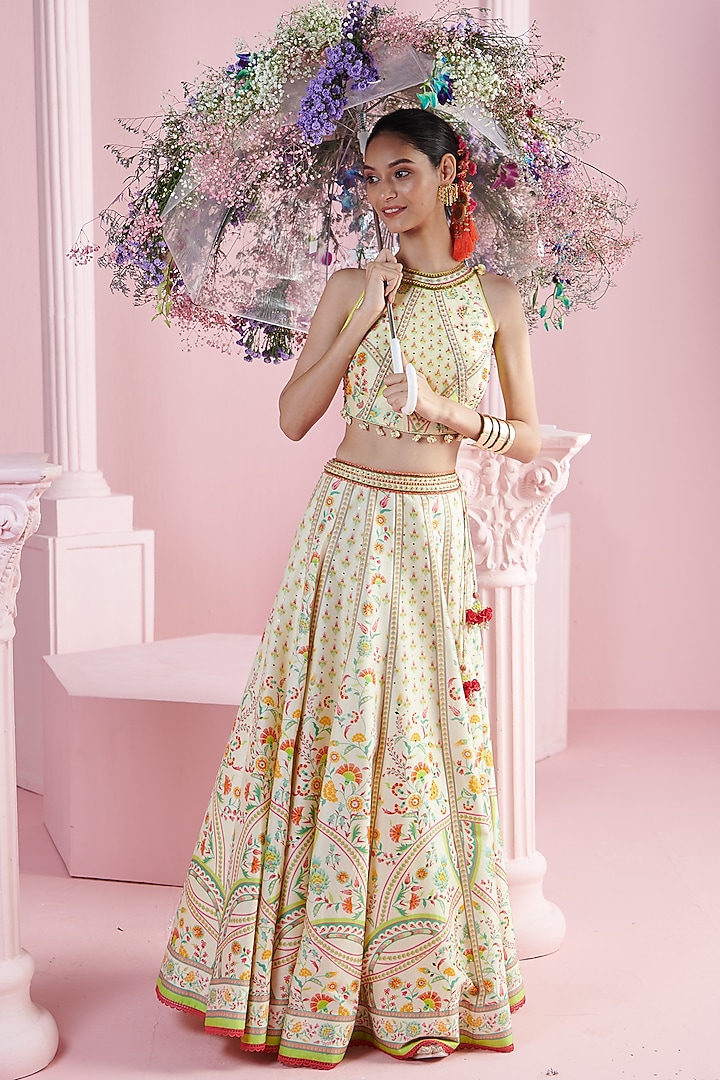 Lemon Yellow Chanderi Printed Wedding Lehenga Set by Mandira Wirk - Indian at Pernia's Pop Up Shop
