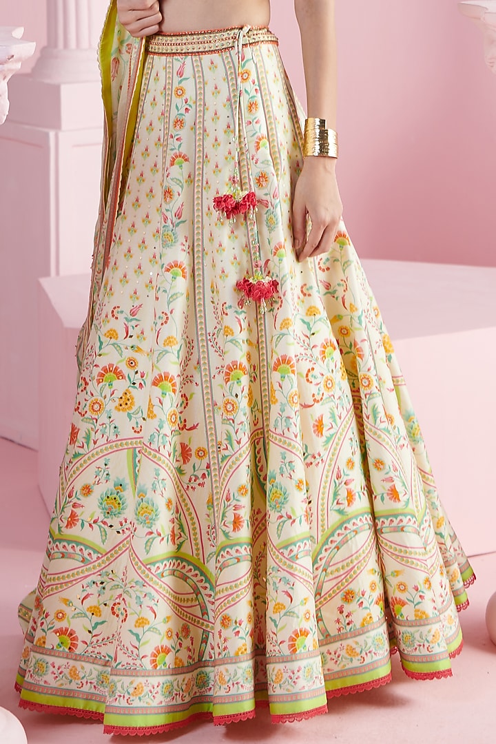 Lemon Yellow Chanderi Printed Wedding Lehenga Set by Mandira Wirk - Indian at Pernia's Pop Up Shop