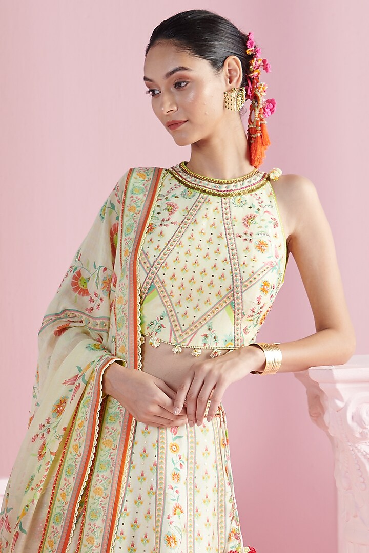 Lemon Yellow Chanderi Printed Wedding Lehenga Set by Mandira Wirk - Indian at Pernia's Pop Up Shop