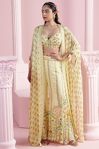 Lemon Yellow Chiffon Printed Cape Set by Mandira Wirk - Indian