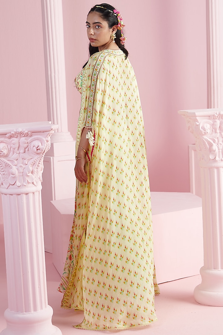 Lemon Yellow Chiffon Printed Cape Set by Mandira Wirk - Indian at Pernia's Pop Up Shop